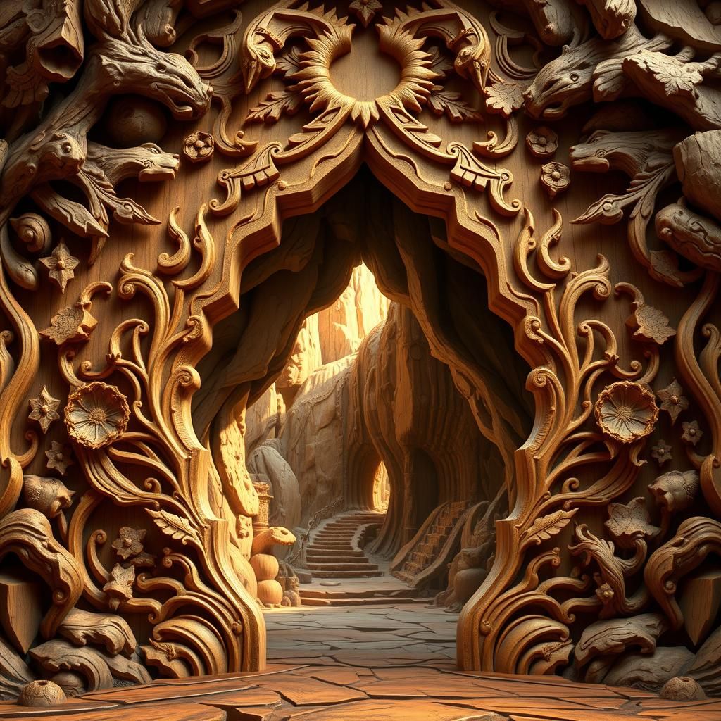Mystical Wood Carving Portal in Art Nouveau Style