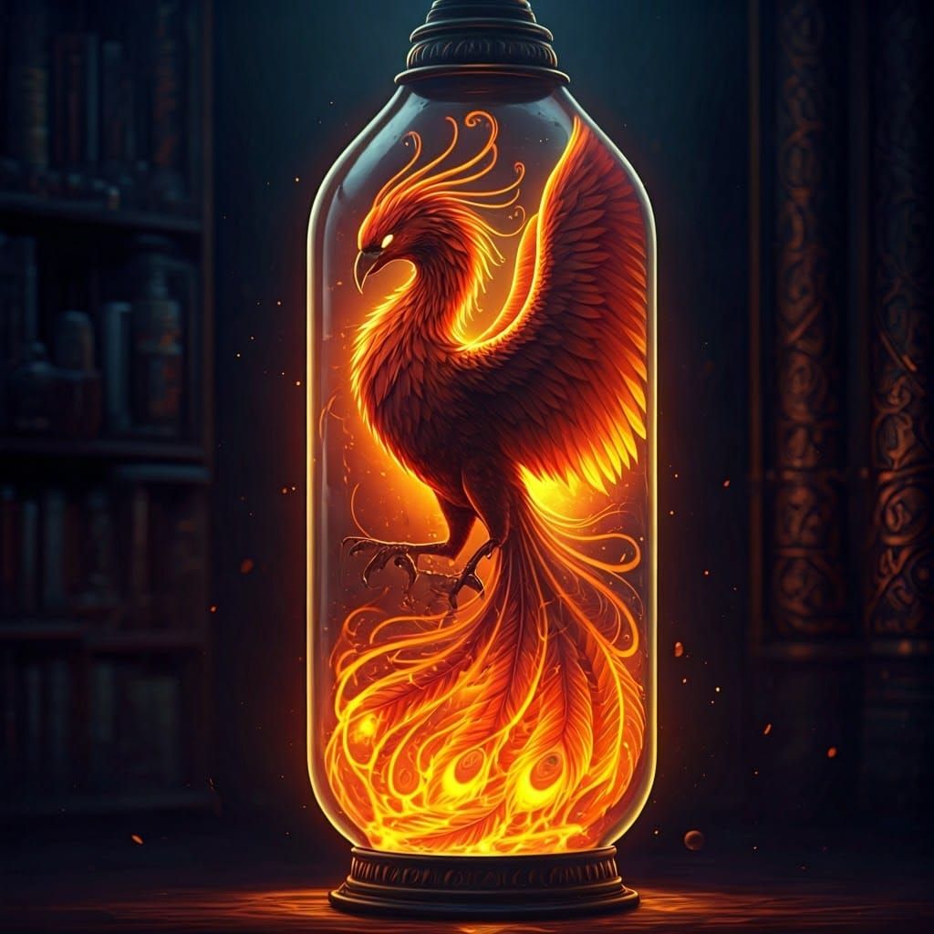 Phoenix Rising from Molten Depths in Glass Lamp