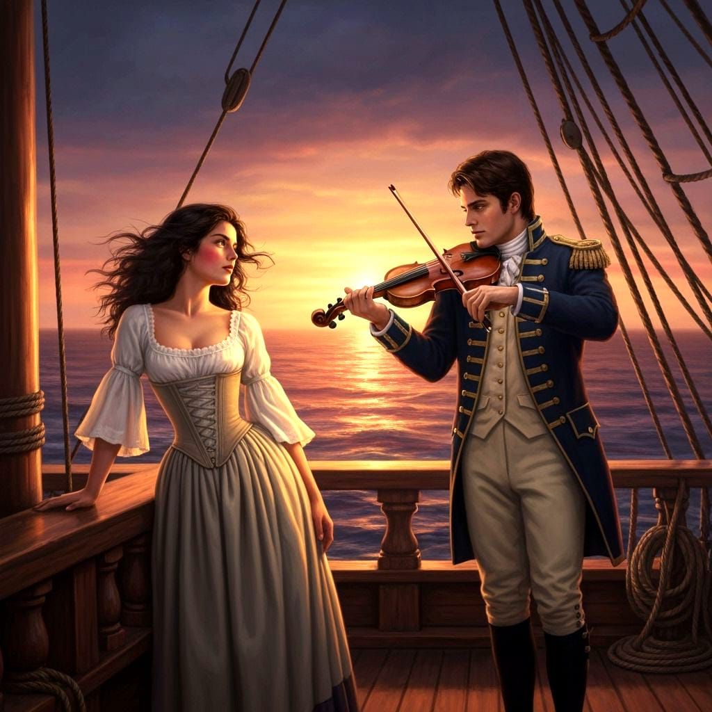 Romantic Revolutionary War Ship Scene at Sunset