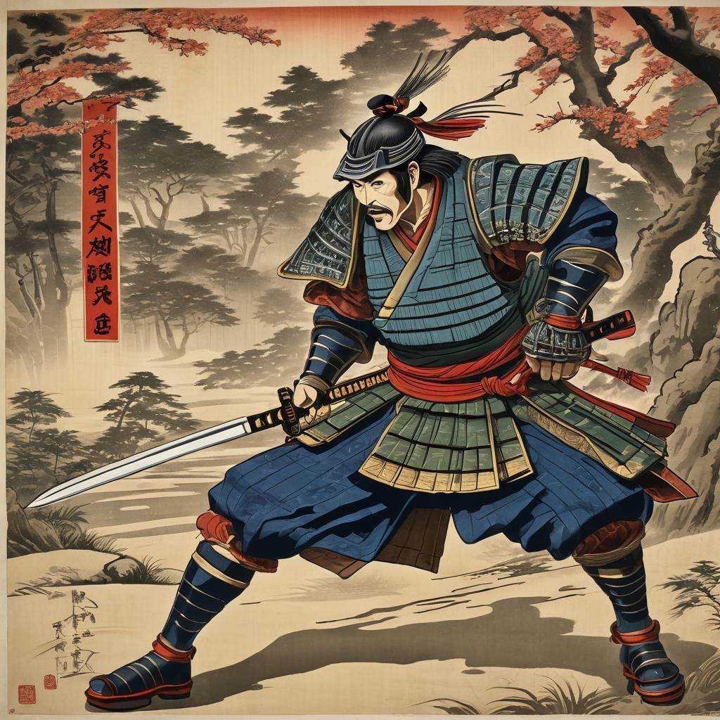 Samurai Warrior Training: Ukiyo-e Woodblock Print
