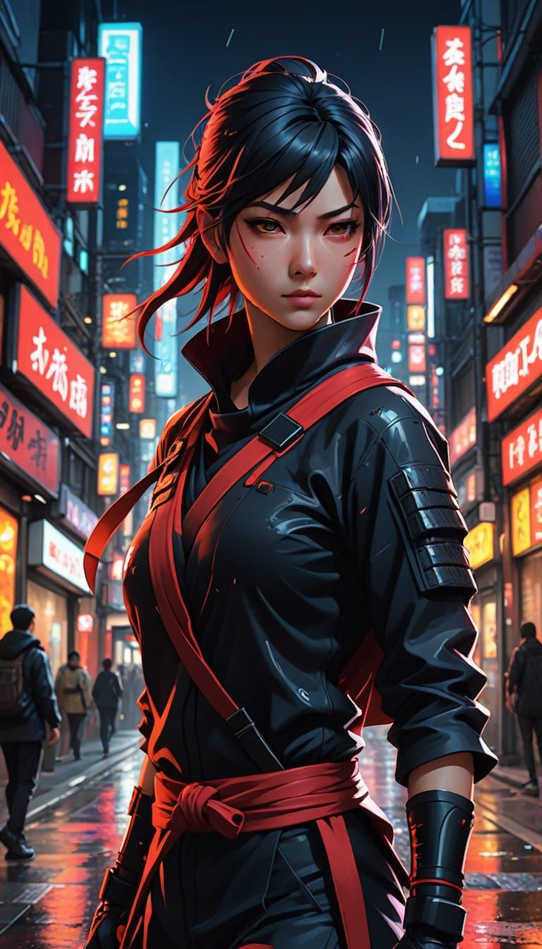 Vibrant Red Ninja in Neon Cityscape