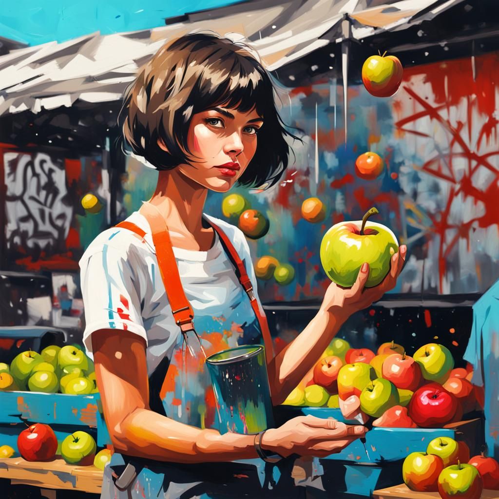 Brunette with Apple in Graffiti Art Style