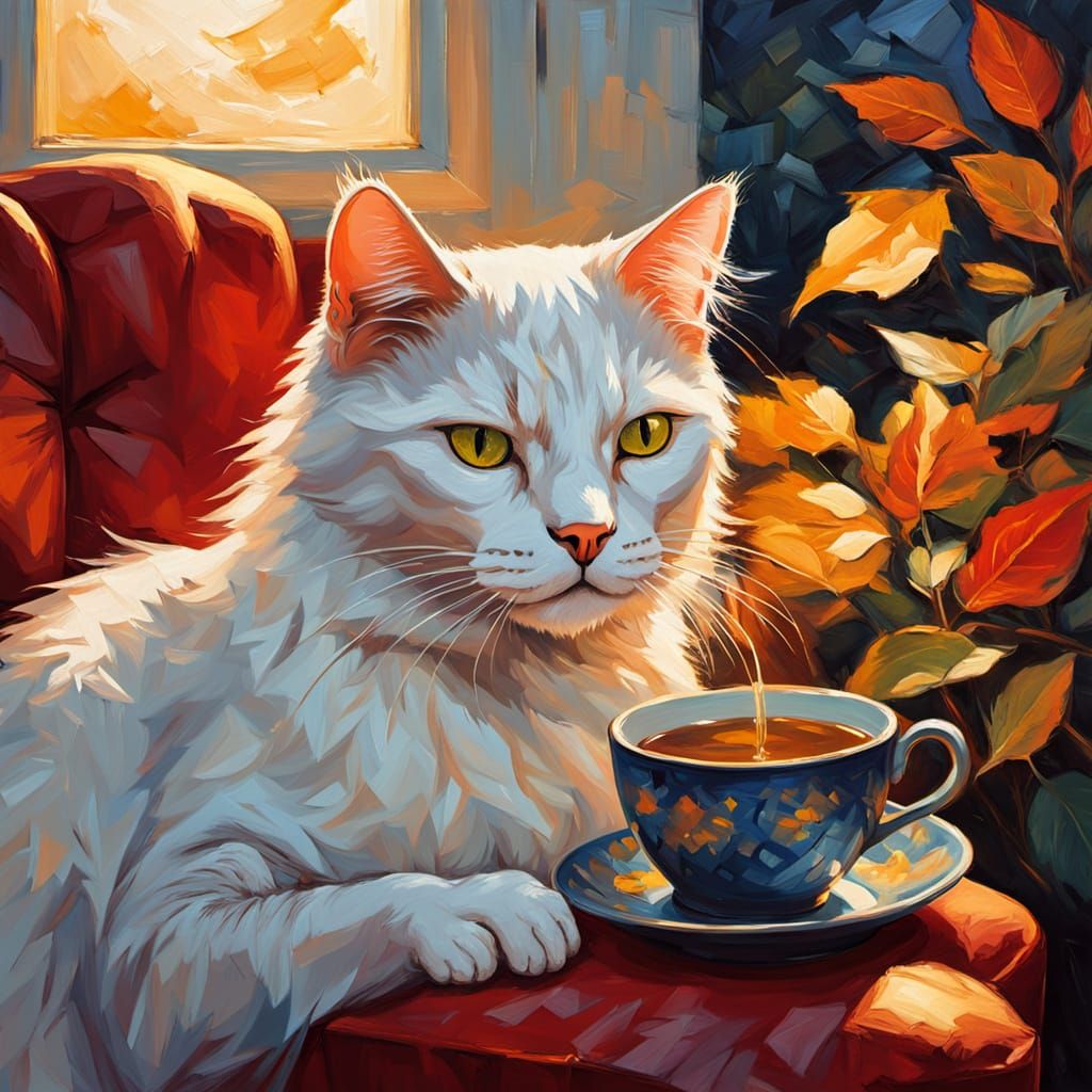 White Cat in Red Chair, Neo-Impressionist Oil Painting