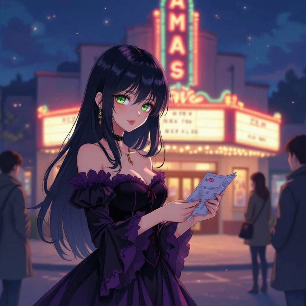 Gothic Anime Woman Distributes Fliers at 1950s Theater