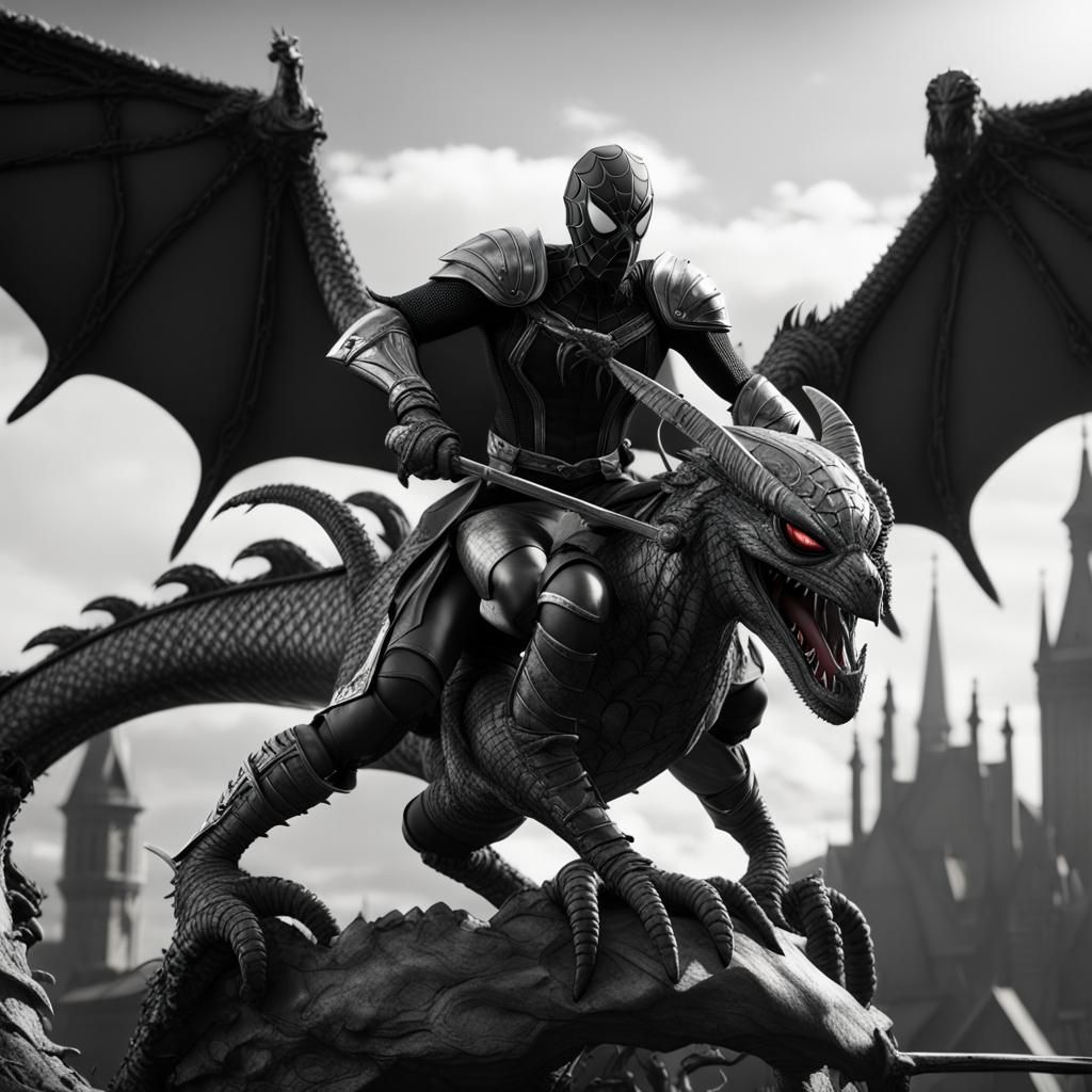 Spider-Man Knight Rides Dragon in Black and White