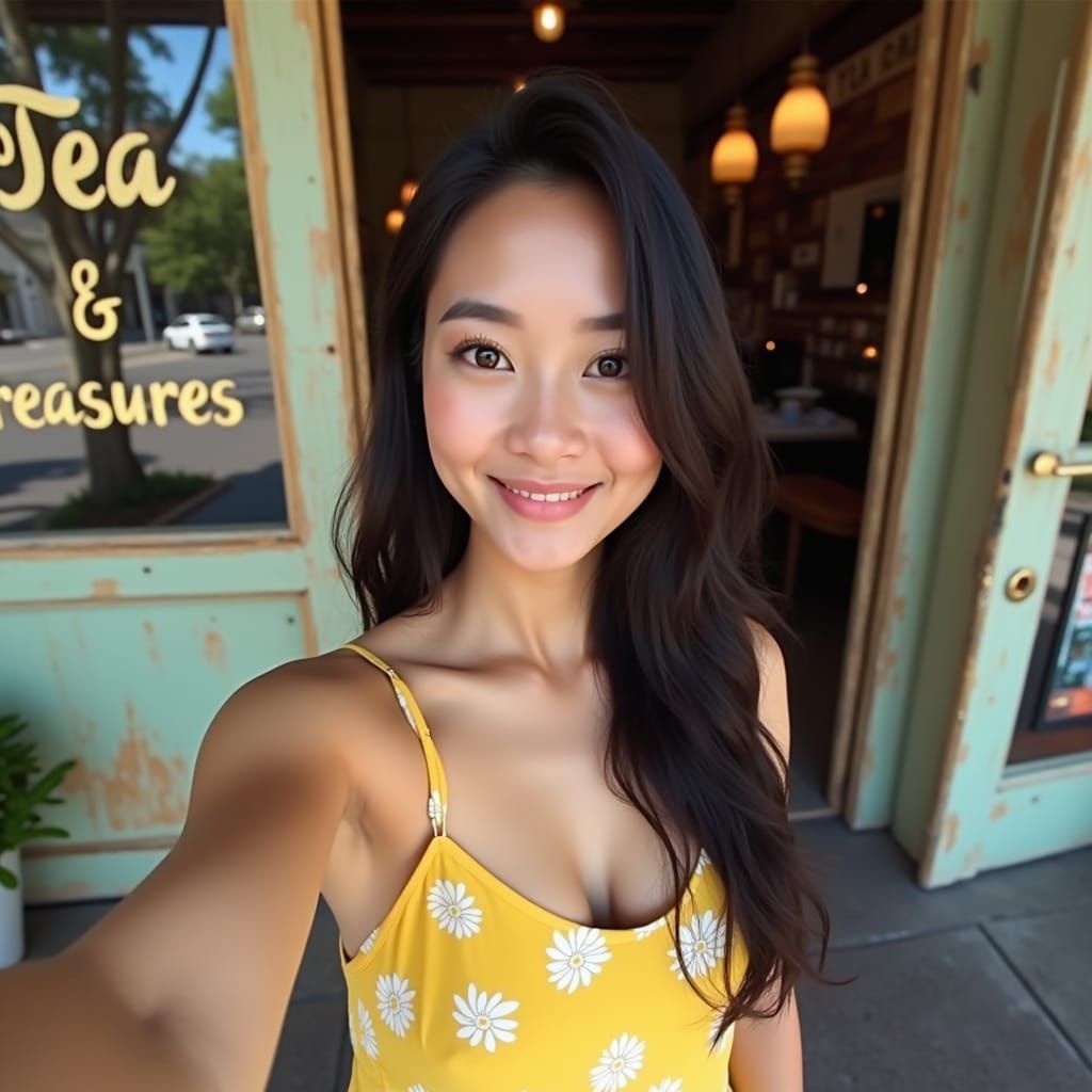 Asian Woman Selfie in Front of Storefront