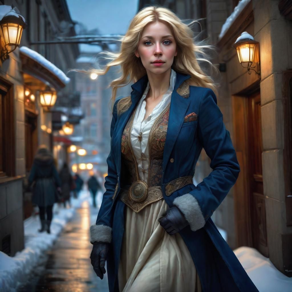 Renaissance Portrait of Blonde Woman in Snowy City