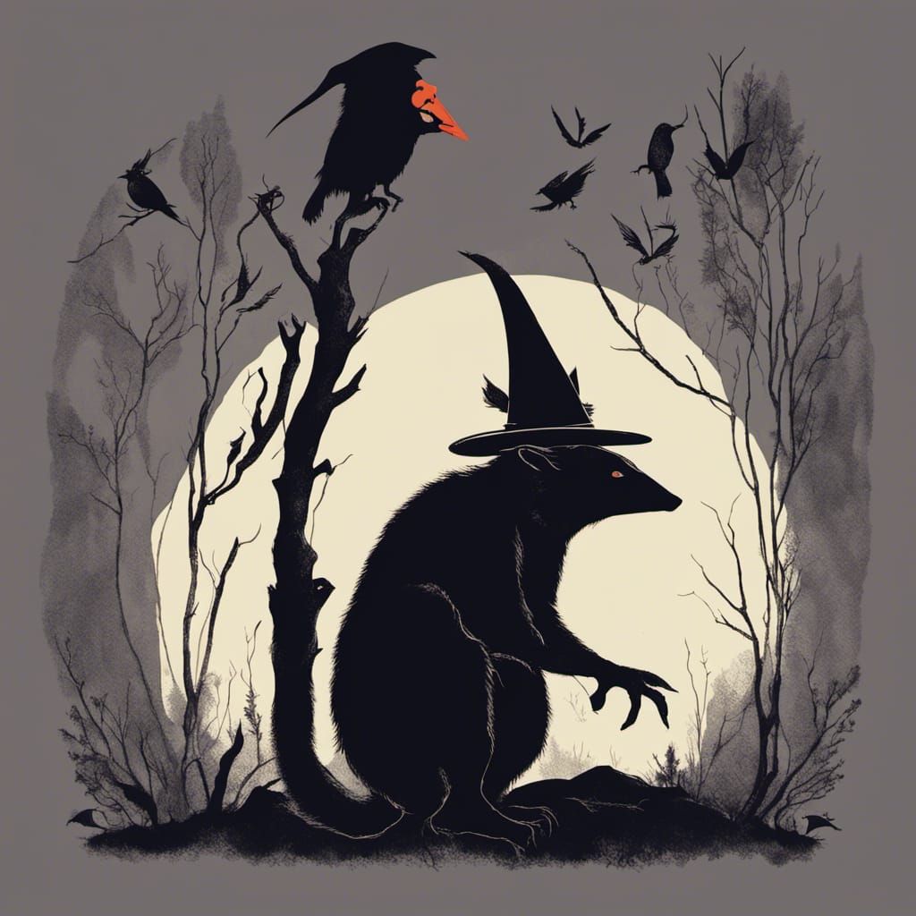 Giant Possum Hugging Tiny Witch in Noir Style