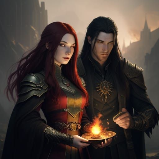 Dark Fantasy Couple in Epic Landscape