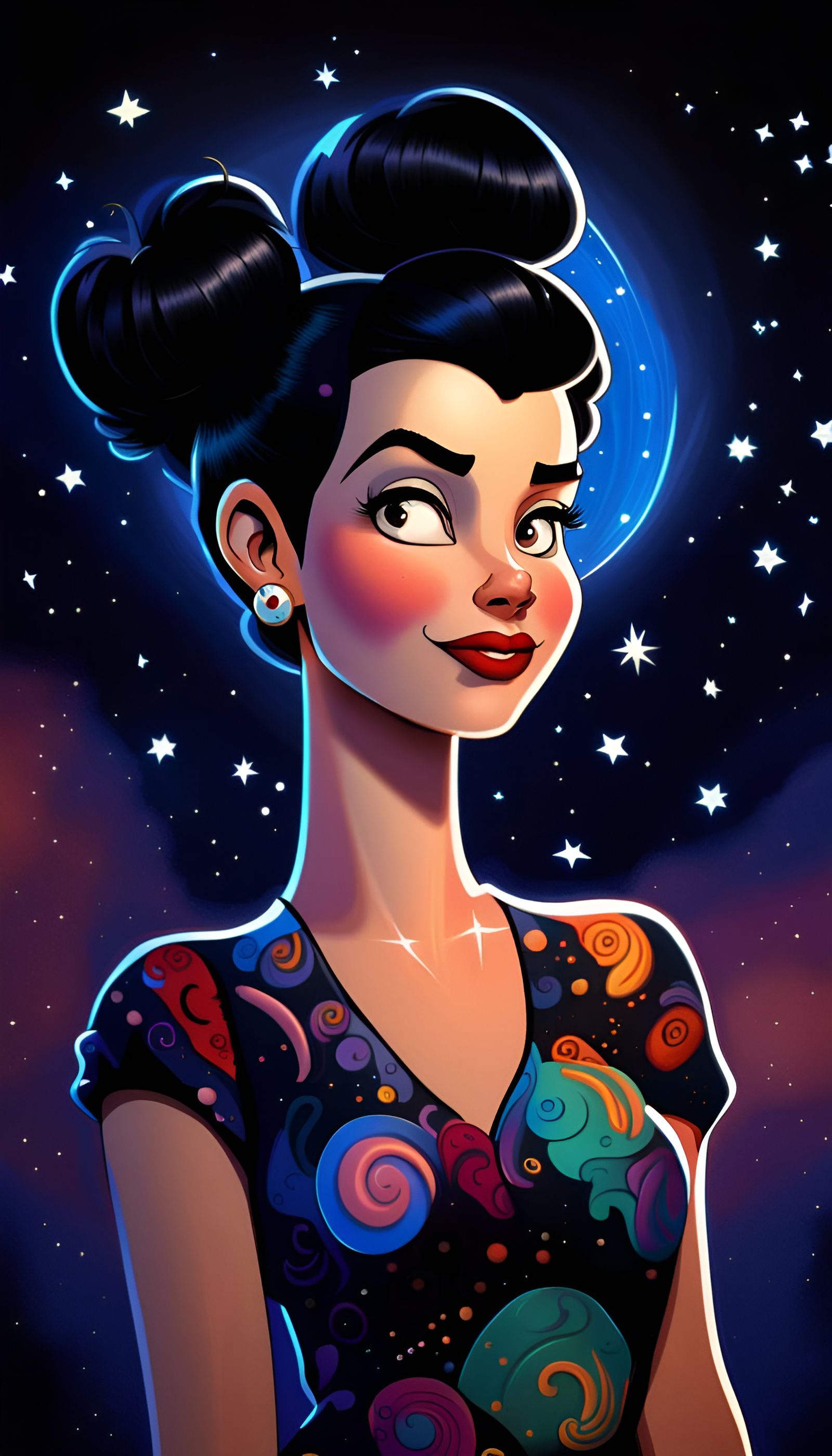 Cartoon Woman Gazing at Night Sky in Classic Animation Style