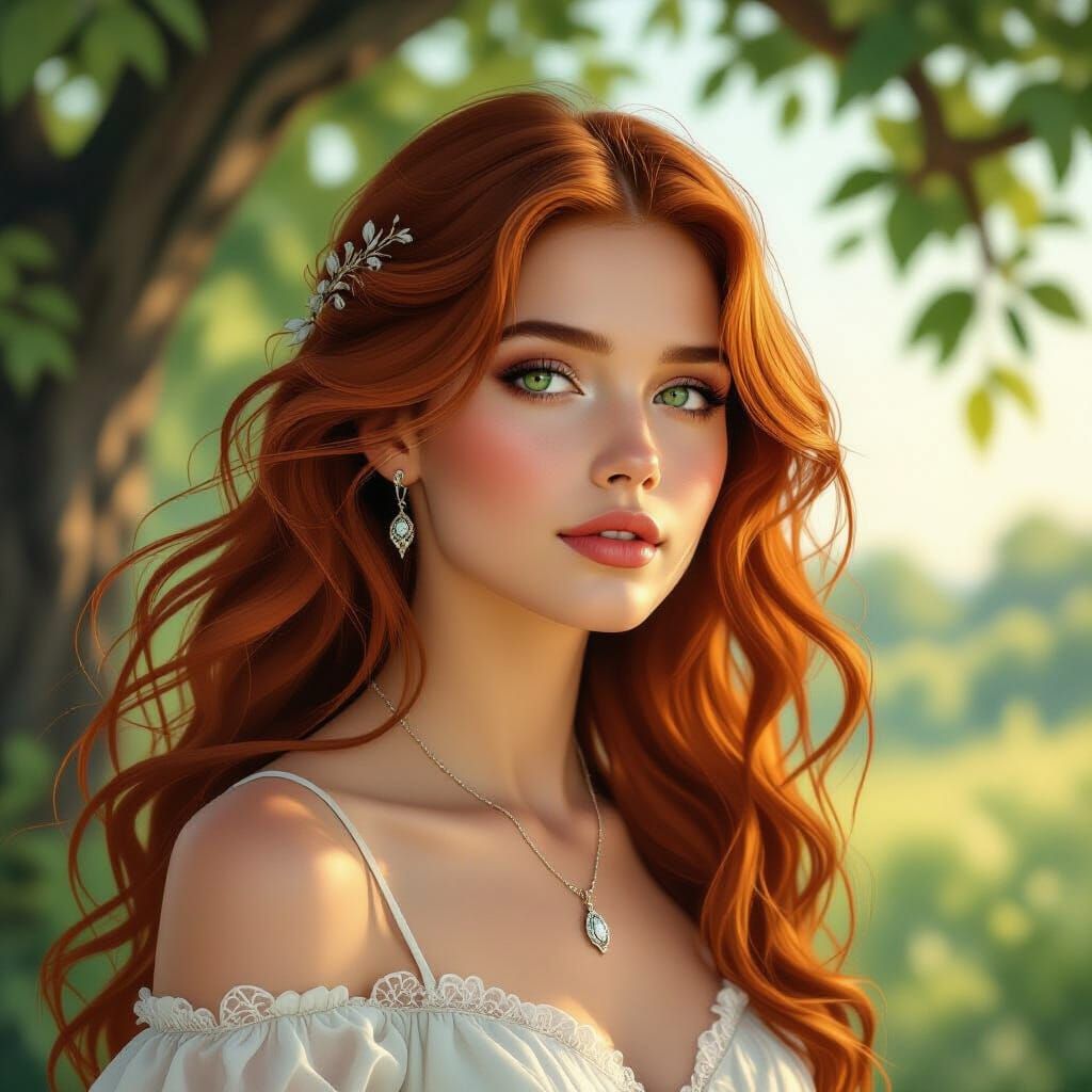 Woman with Auburn Hair and Emerald Eyes at Twilight