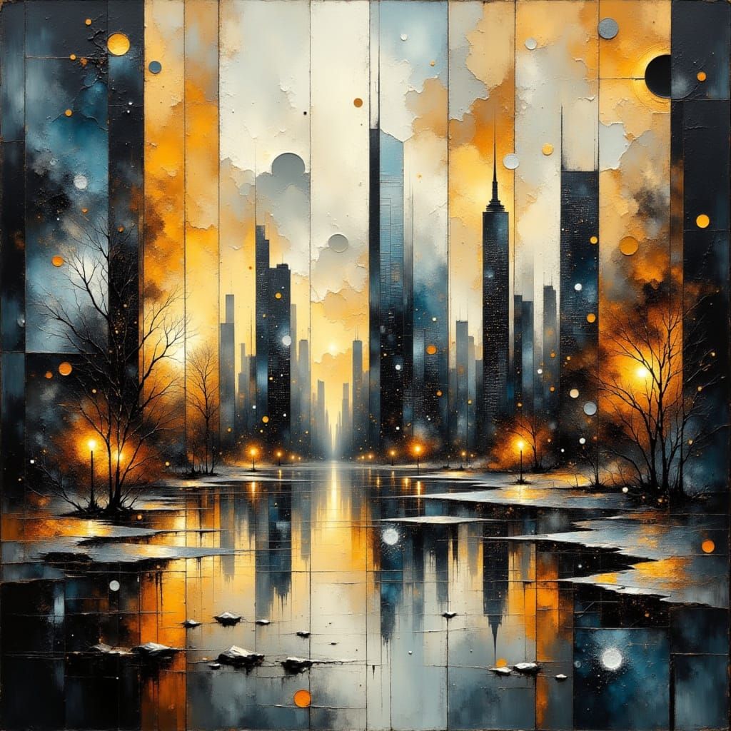 Surreal Cityscape Reflected as Abstract Data