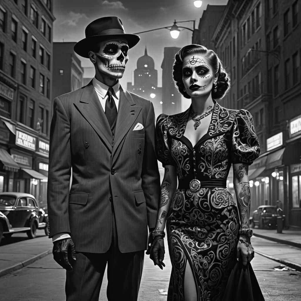 Sugar Skull Couple in Noir Cityscape, Digital Art