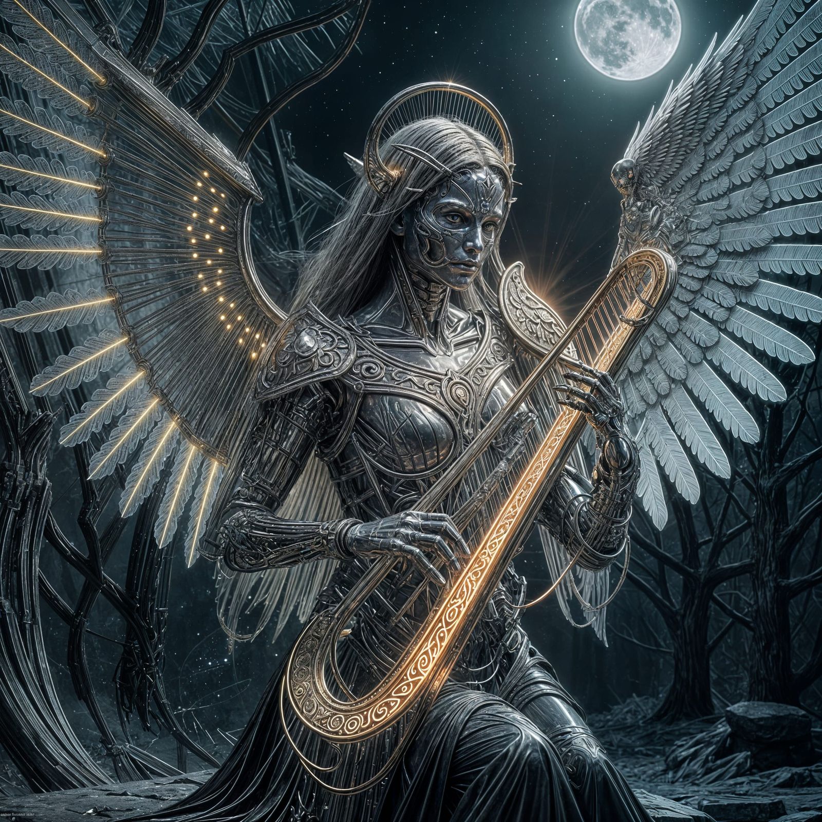 Cybernetic Angel of Death Plays Glowing Harp in Moonlit Sple...