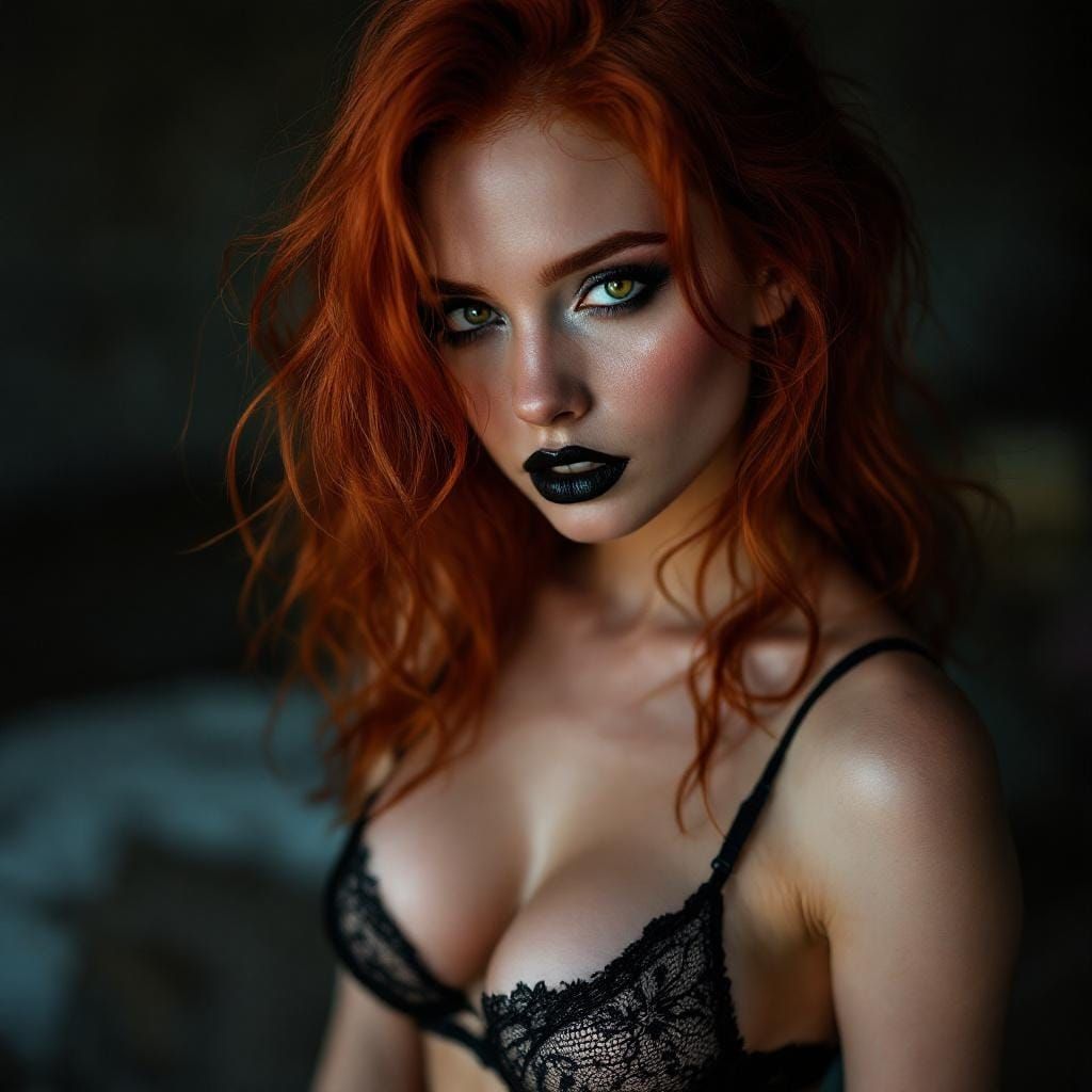 Goth Woman with Red Hair Posing in Studio