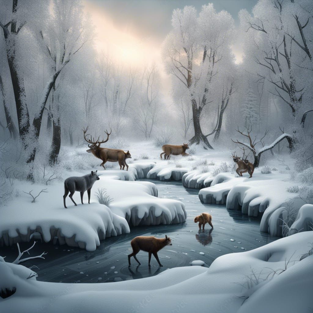Animals Play on Frozen River in Winter Forest