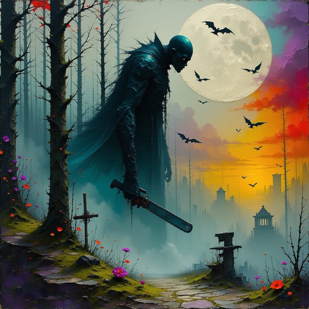 Macabre Gothic Monster Assassin in Foggy Graveyard