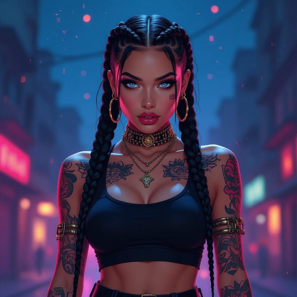 Cyberpunk Diva Dancing in Psychedelic Cityscape