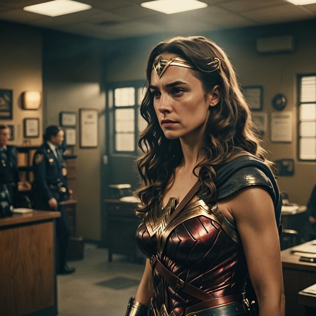 Wonder Woman in Police Station, Film Noir Style
