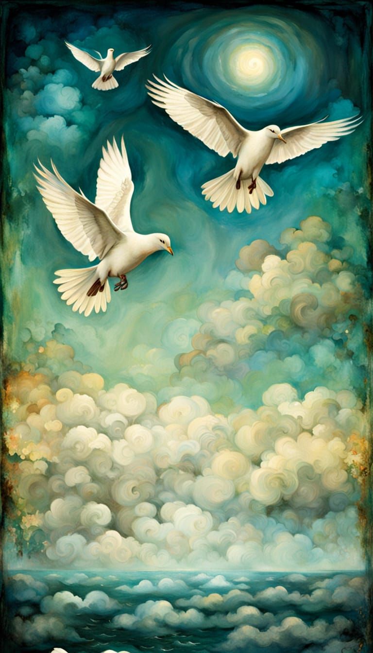 Peaceful White Doves in Dreamy Watercolor Style