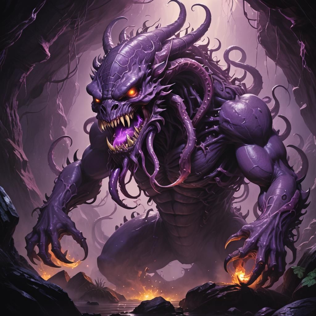 Dark Fantasy Digimon with Tentacles in a Gothic Cave