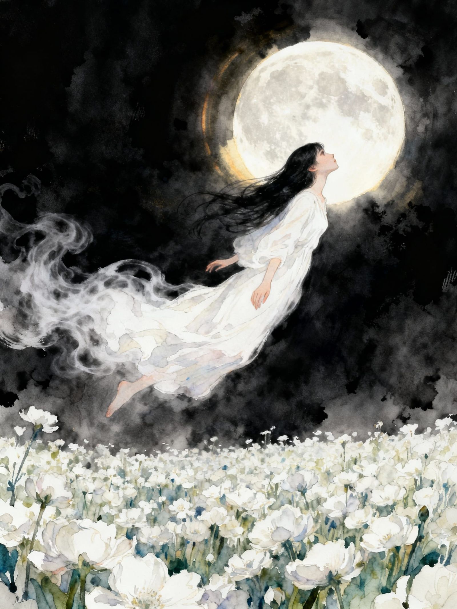 Ethereal Maiden Floating Over White Flowers Under Moonlight