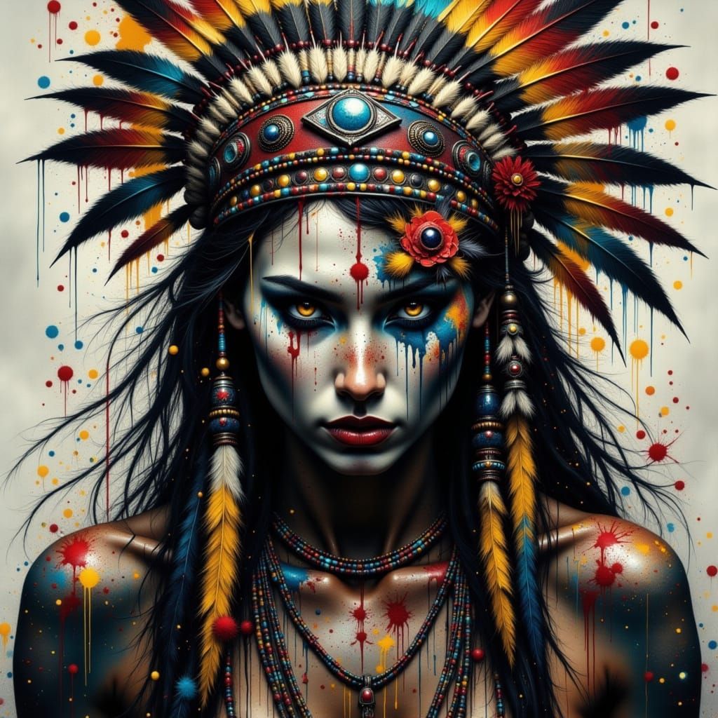 Native American Warrior in War Paint, Impasto Style