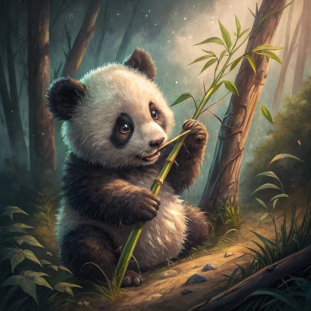 Delicate Newborn Panda Cub Amidst Misty Bamboo Forests