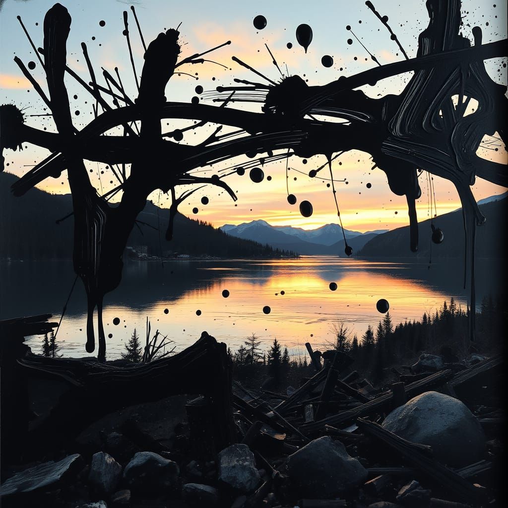 Abstract Landscape: Serene Lake Burned and Painted