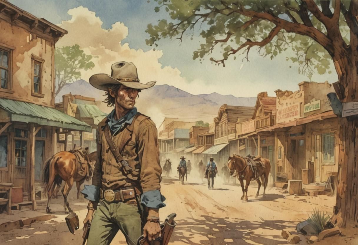 Cowboy in Watercolor Western Comic Book Art