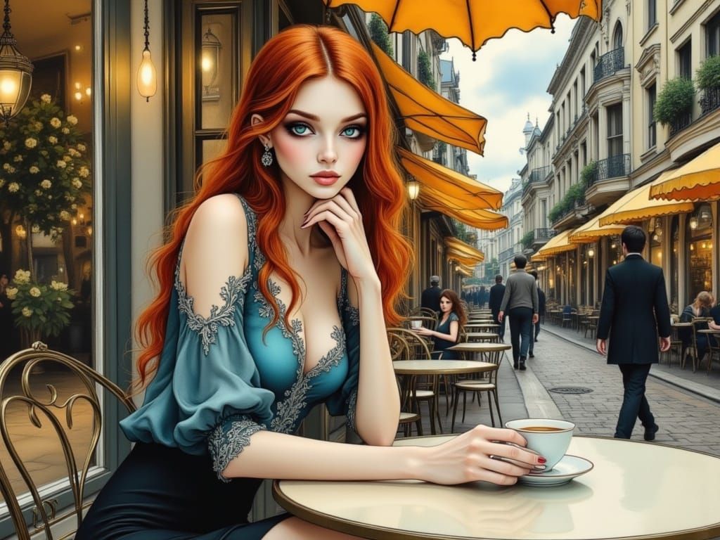 Elegant Café Scene in a Dreamy Art Nouveau Style