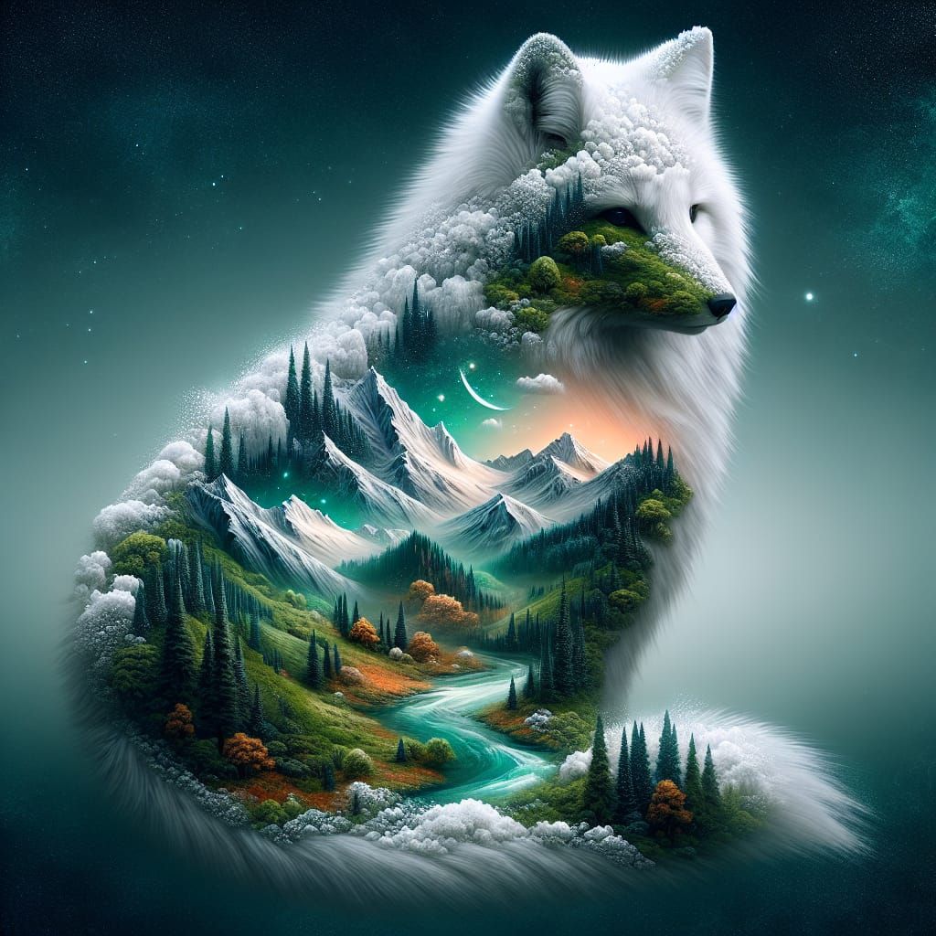 Futuristic Arctic Fox with Landscape Coat as Oil Painting