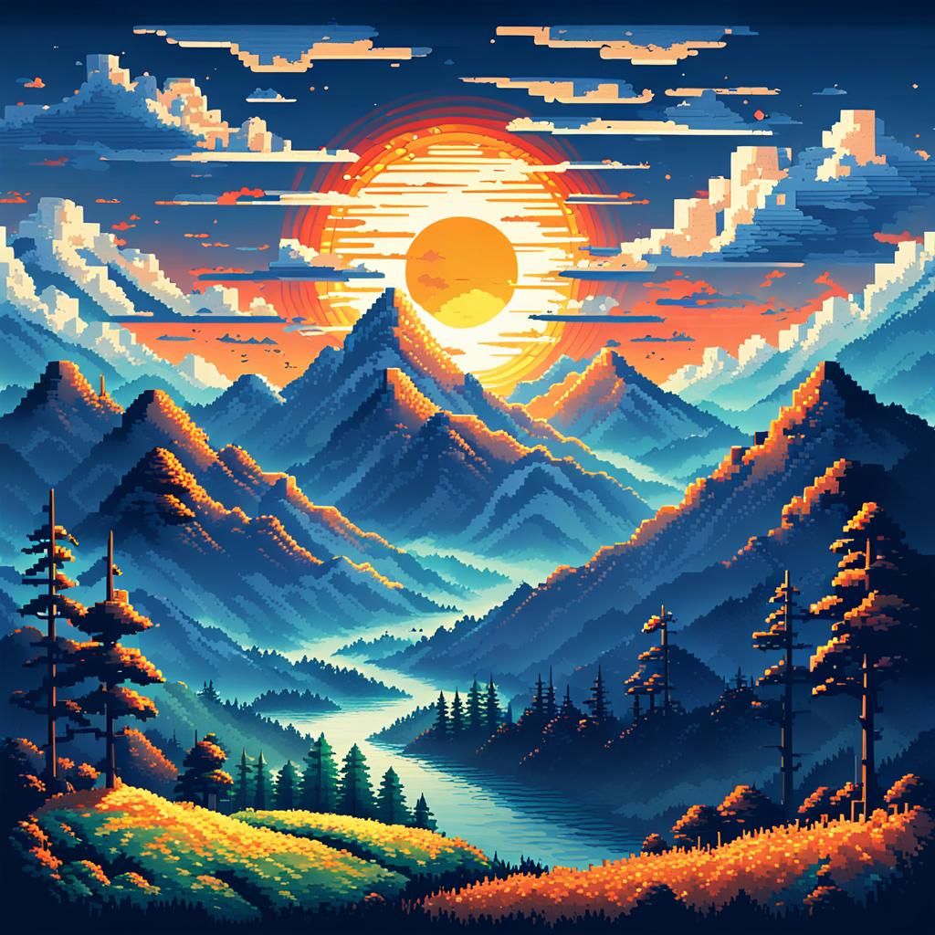 Pixel Art Mountain Range with Glowing Sun