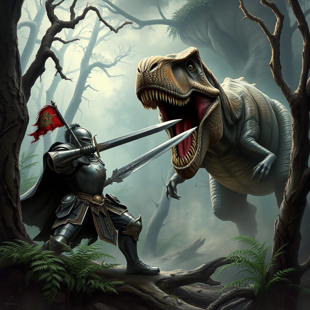 Medieval Knight Battles Prehistoric T-Rex in Dark Forest