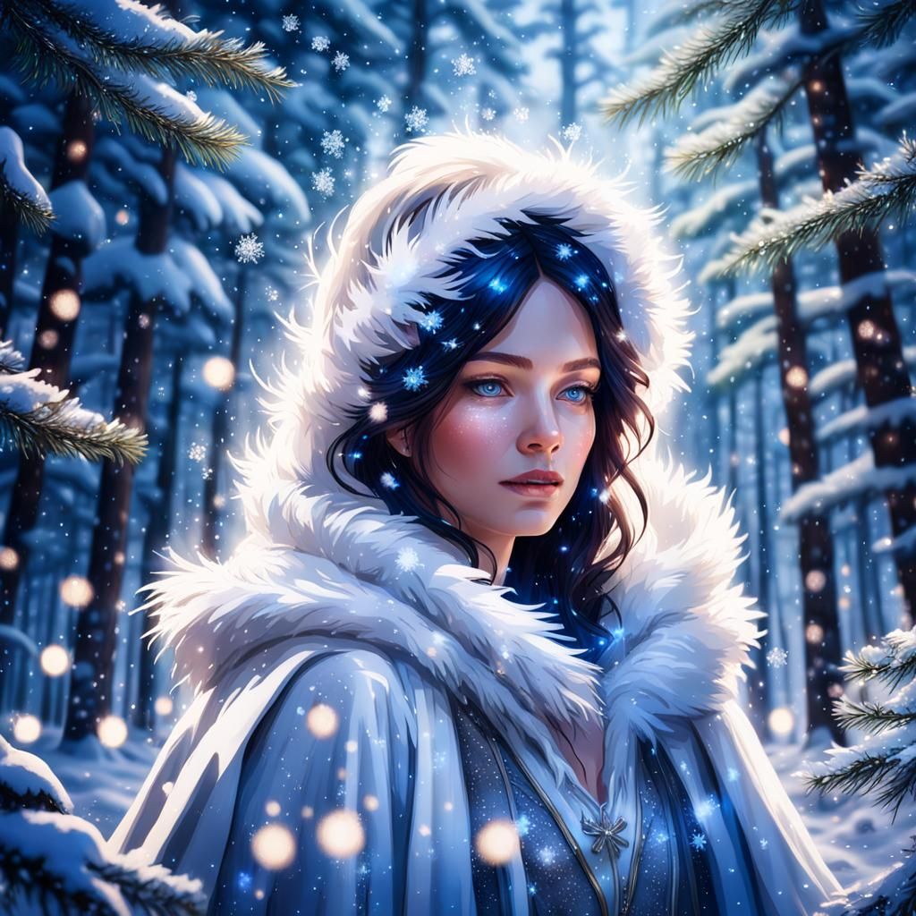 Snowflake Magic in Winter Forest: Fantasy Portrait