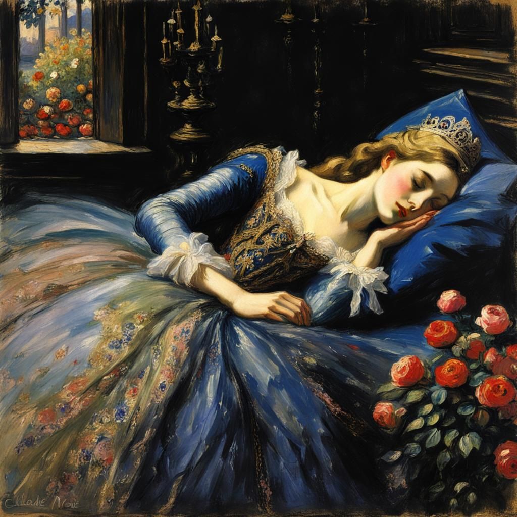 Dark Fantasy Sleeping Beauty in Impressionist Style