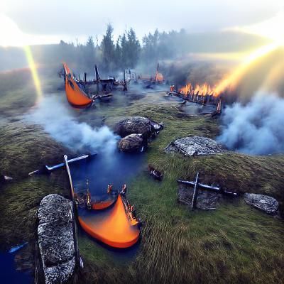 Fiery Viking Battlefield with Volumetric Lighting