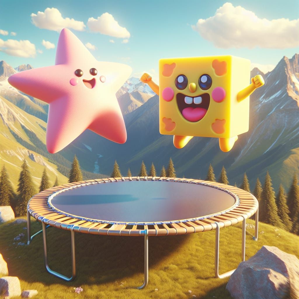 Anime-Style Sponge and Starfish Trampoline Jump