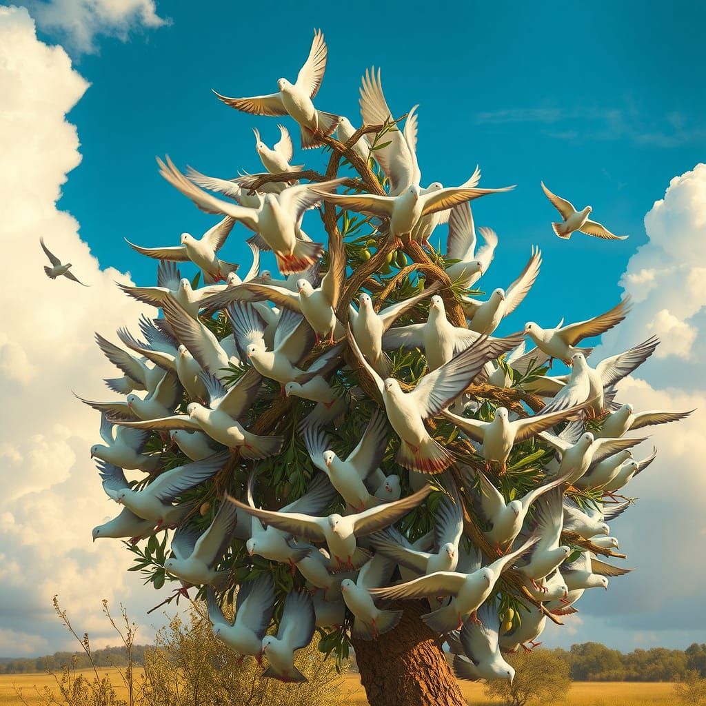 Doves Unite to Carry a Giant Olive Branch Across the Sky