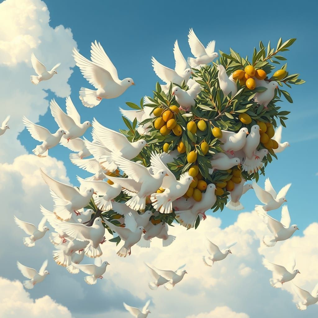 Doves Unite to Carry Giant Olive Branch in Whimsical Scene