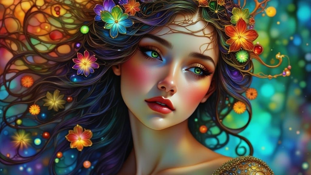 Ethereal Woman with Bioluminescent Flowers in Art Nouveau St...