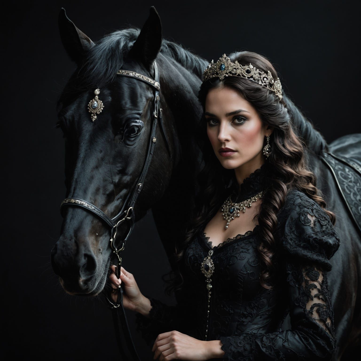 Elegant Woman and Horse in Dark Attire