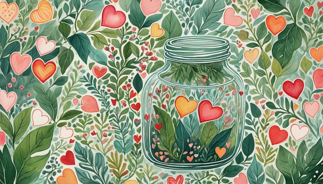 Vibrant Whimsical Floral Hearts in a Lush Greenery Setting