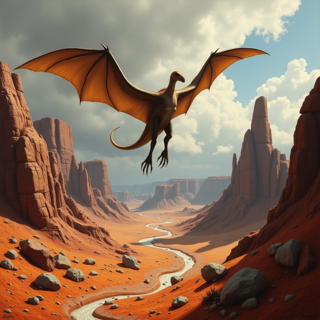 <lora:SUNBURNT COUNTRY:1.0> <lora:DELICATE MONSTERS:1.0> <lora:STONE AGE SILHOUETTE:1.0> A pterodactyl with two legs soa...