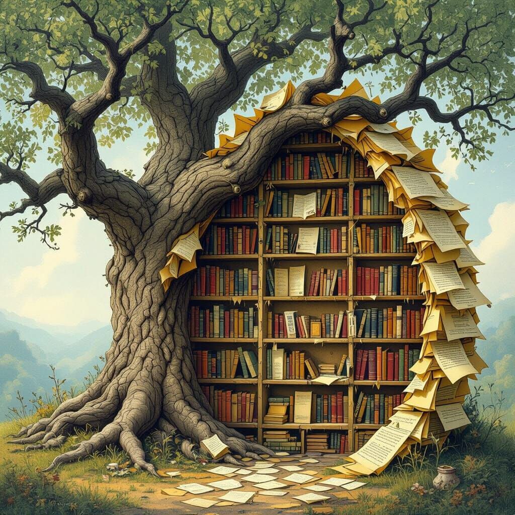 Whimsical Library Beside Majestic Tree, Art Nouveau