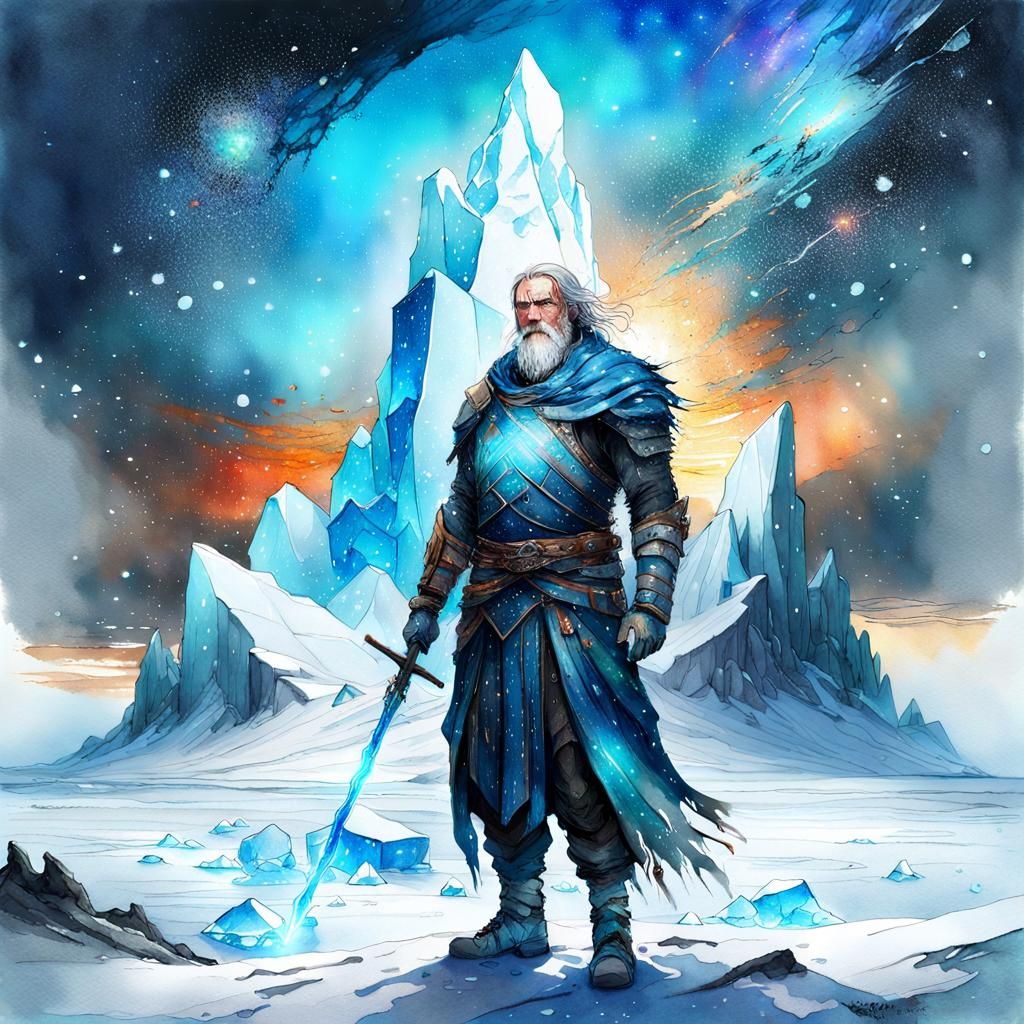 Ice Warrior, Digital Watercolor Fantasy Landscape