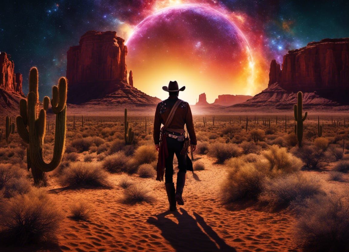 Cowboy Approaches Galactic Portal in Desert Night