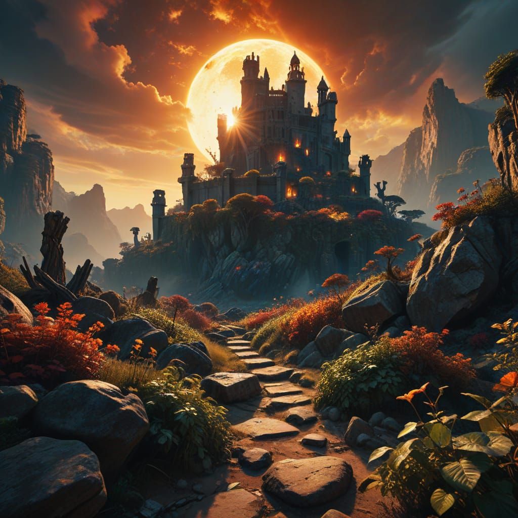 Surreal Dark Fantasy Island Under Burning Double Sun