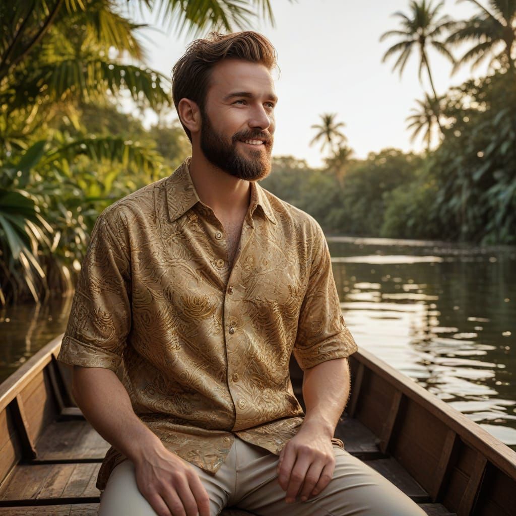 Man in Embroidered Golden Shirt Floats in Tropical Sea