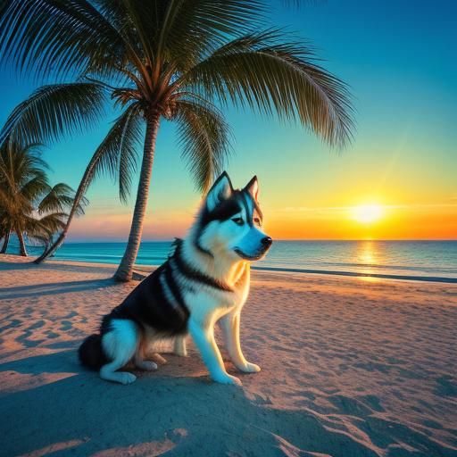 Husky Portrait in Bikini at Sunset, Beach Photography